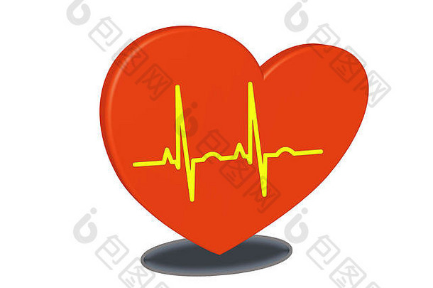 白色背景上的红心。脉搏率图。心电图。作为3D渲染的心脏病预防。