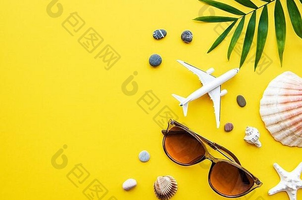 旅行者背景，黄色背景上的热带棕榈枝，文本空白。旅游度假概念。<strong>夏季</strong>背景。平铺