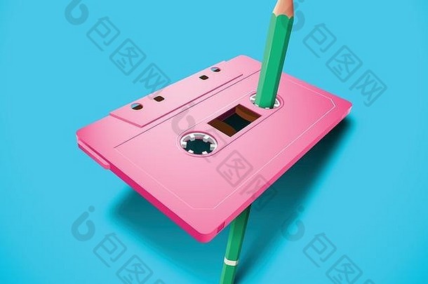 粉红色的充满活力的紧凑的盒式磁带风格音乐数据磁带绿色铅笔手册倒带