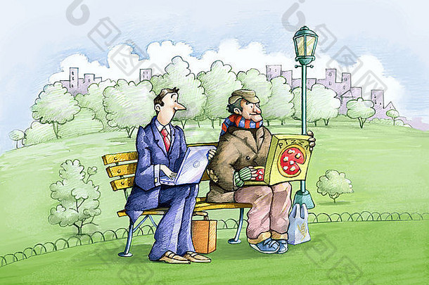 一个员工和一个无家可归的人坐在公园的长椅上，一台电脑放在你的膝盖上，另一台放在一盒比萨饼上，他们非常相似