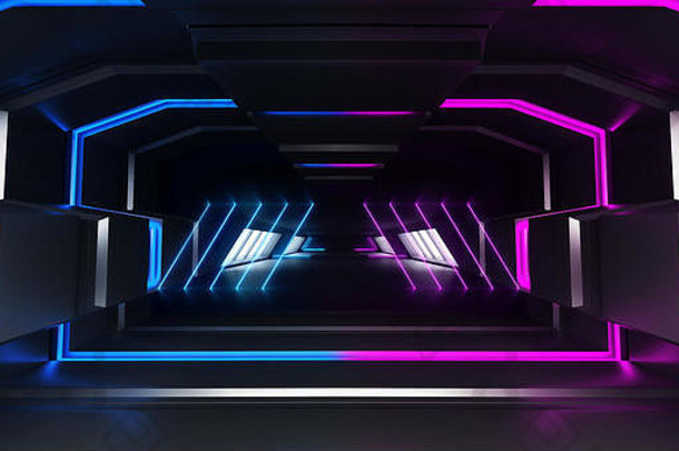 未来主义的背景霓虹灯发光的sci黑暗空走廊隧道大厅充满活力的紫色的蓝色的荧光宇宙飞船赛博朋克未来虚拟现实