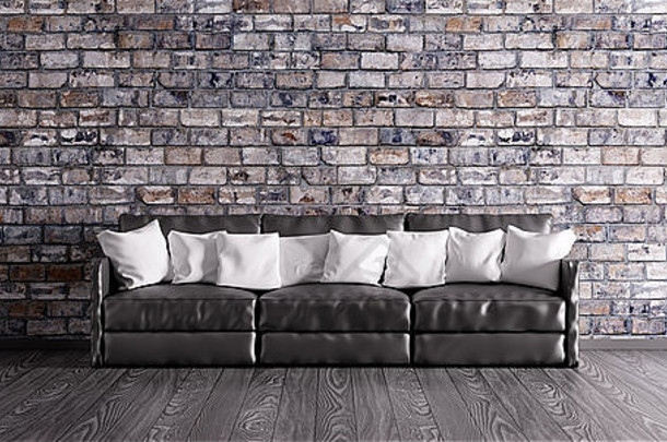 砖墙上带黑色沙发的室内3d渲染