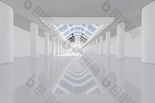 抽象的现代建筑背景，空旷的白色室内空间。三维渲染