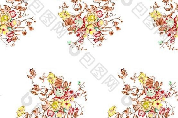 无缝的模式春天花叶子手画背景花模式壁纸织物花玫瑰植物瓷砖
