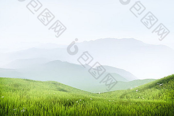 以朦胧的山脉为背景，高质量渲染美丽的山地草地