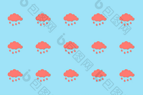 可爱的珊瑚粉云和雨滴，在蓝色背景上重复图案