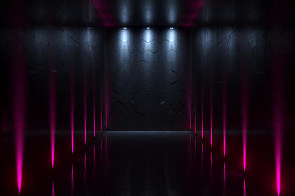 未来科幻混凝土隧道，带多个粉紫色壁灯和蓝色LED，空端带有反射3D渲染插图