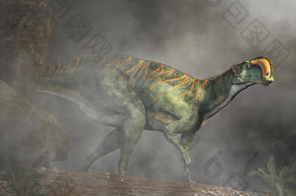 高犀牛多雾的景观高犀牛高鼻子类型禽龙恐龙早期白垩纪期蒙古呈现