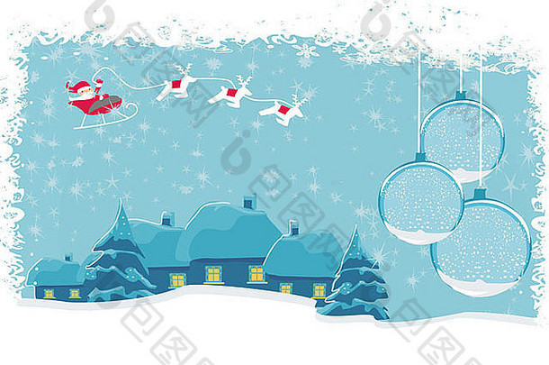 圣诞老人和冬季风景的新年快乐卡