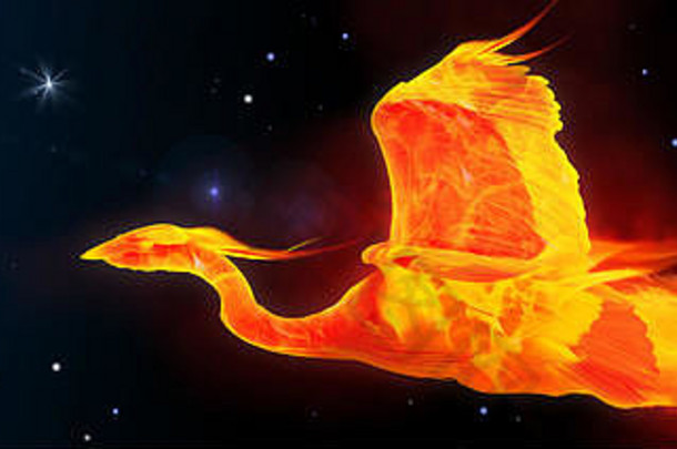 一种被称为凤凰的神话鸟的艺术，一种在太空背景中飞行的着火鸟。