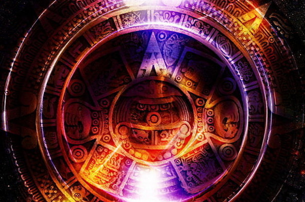 古玛雅历法，抽象色彩背景，电脑拼贴。