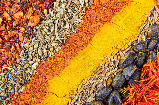 色彩斑斓的集香料东部菜皮拉夫对角辣的条纹包括saturejaCurcuma孜然伏牛花红辣椒万寿菊