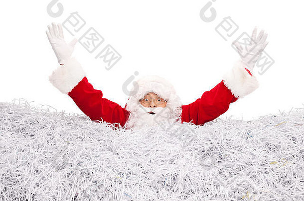 工作室拍摄圣诞老人老人溺水桩碎纸孤立的白色背景