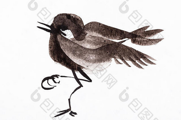 sumi-e（suibokuga）风格的训练图-白纸上黑色水彩手绘的小鸟