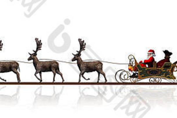 圣诞节全景圣诞老人老人雪橇驯鹿树白色背景