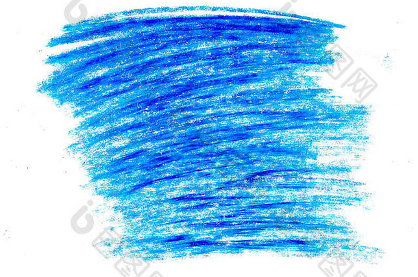 白色背景上的孵化涂鸦孩子气的蜡蓝色铅笔