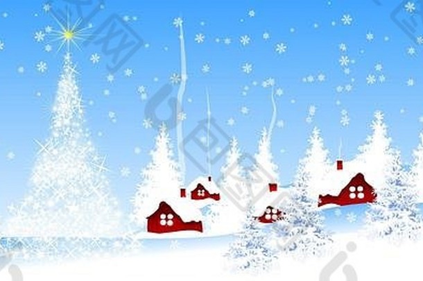 村覆盖雪蓝色的天空圣诞节蓝色的横幅