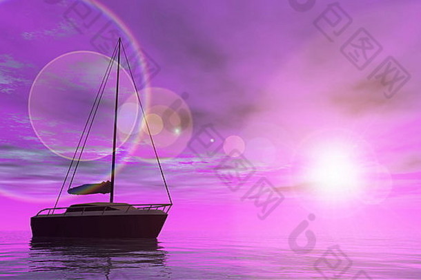 一艘帆船在紫罗兰色的夕阳下漂浮在水面上-3D渲染