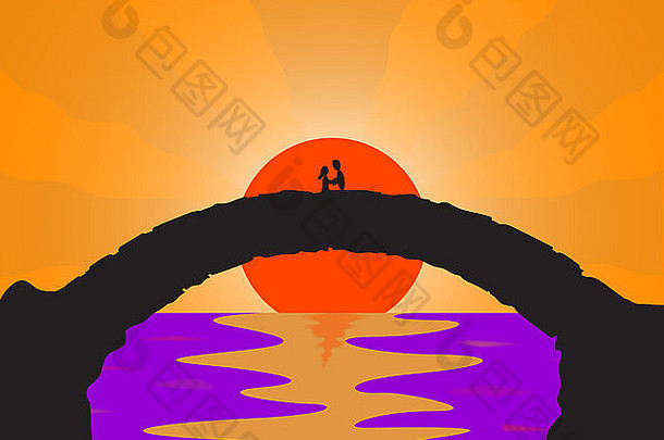 一对情侣在以海洋日落为背景的石桥上接吻