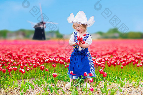 穿着荷兰传统民族服装的可爱学步女孩在风车旁盛开的郁金香场上玩耍