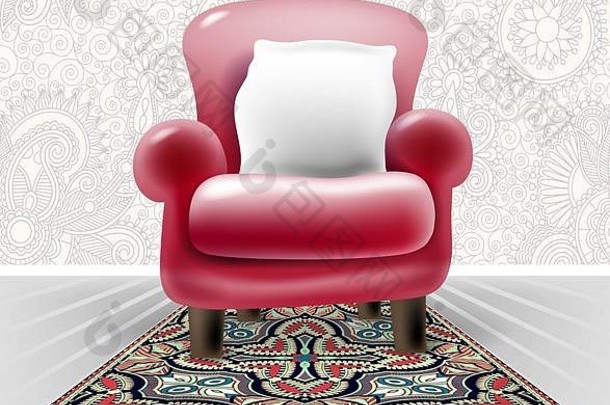 红色的皮革椅子白色枕头光花室内
