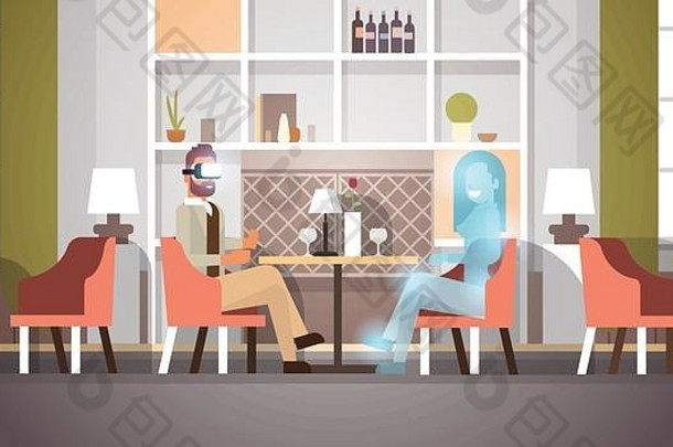 商人穿数字眼镜沟通虚拟现实女人愿景耳机创新概念餐厅室内平水平