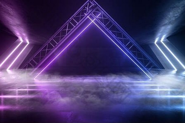 烟霓虹灯三角形激光门网络未来主义的sci紫色的蓝色的发光的灯行建设阶段科克雷特隧道走廊虚拟现实