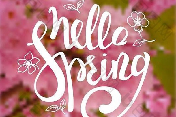 春季模糊背景，粉红色樱花枝，手绘文字。你好，春天的文字。