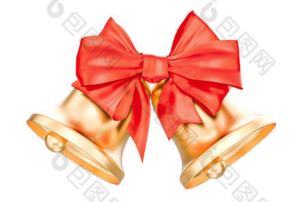 金色圣诞铃铛，红结，3D效果，白色背景上隔离