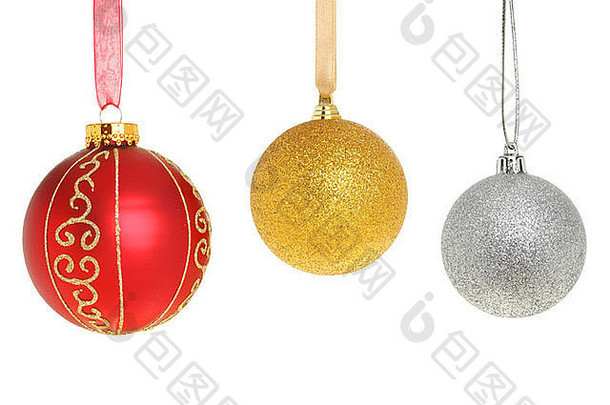 红色的黄金银圣诞节装饰物孤立的白色