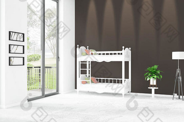全新的白色阁楼卧室简约风格的室内设计，带有空间墙面和窗外的景观。三维渲染。