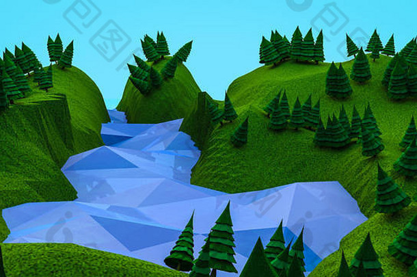 低矮的多边形树木和山脉。景观计算机图形学。三维渲染
