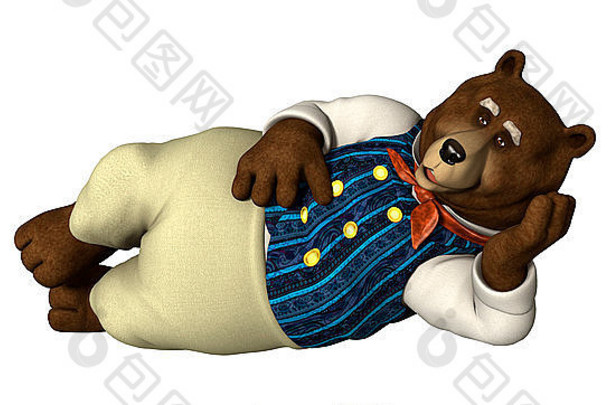 一只与世隔绝的童话熊在白色背景上休息的3D数字渲染