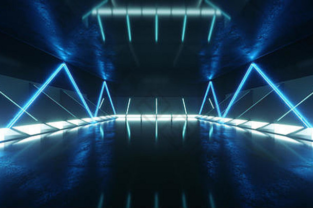 霓虹灯发光的激光形状的sci未来主义的俱乐部跳舞复古的外星人宇宙飞船走廊隧道蓝色的平铺的反光难看的东西混凝土大厅房间空
