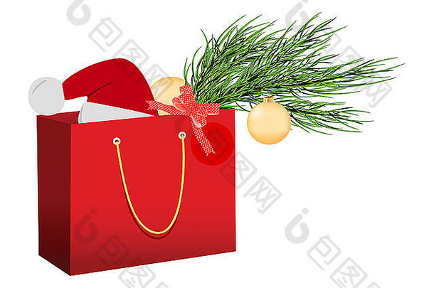 圣诞红色购物袋载体隔离在白色袋子上
