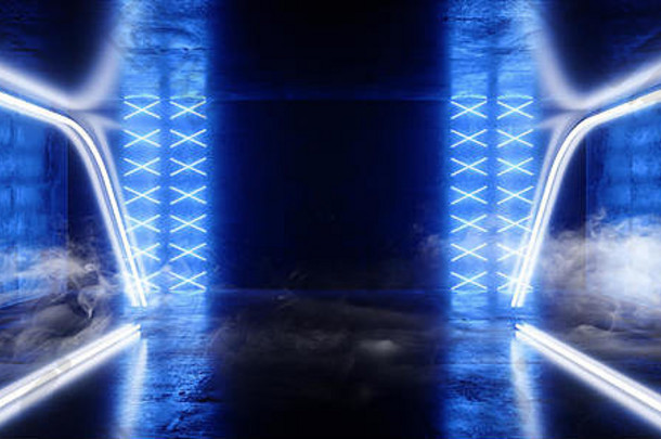 烟sci未来主义的霓虹灯领导激光发光的现代优雅的空黑暗充满活力的蓝色的发光的阶段讲台上灯反光难看的东西混凝土隧道
