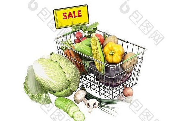 杂货店篮子蔬菜概念新鲜的食物出售渲染图像白色影子