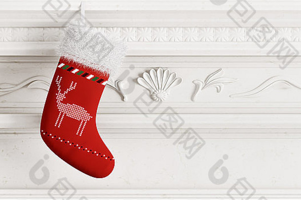 红色圣诞长袜挂在雕刻石壁炉上3d渲染