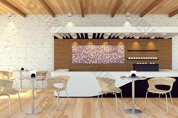 空荡荡的现代咖啡厅内部，3D渲染