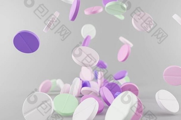 下降色彩斑斓的制药公司药物治疗药片孤立的白色插图渲染