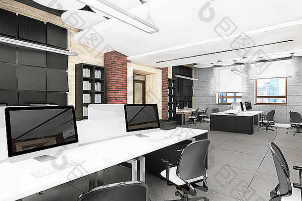 空旷的现代办公室内工作场所可视化