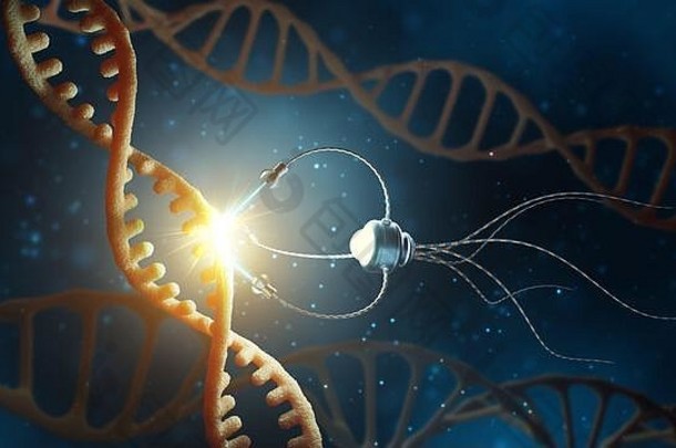 纳米技术领域的医学概念。基因工程和使用纳米机器人代替部分DNA分子。三维插图。
