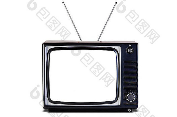 老式复古黑白电视机，空白屏幕，白色背景上有轻微阴影，带有televi的剪辑路径