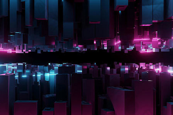 抽象深色现代未来主义科幻幻想蓝色和紫色霓虹灯城市特写技术概念背景壁纸3D渲染Illustra