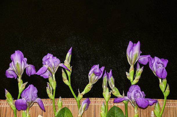 紫色的鸢尾花和花蕾放在草席上，躺在黑色的木制胶合板上
