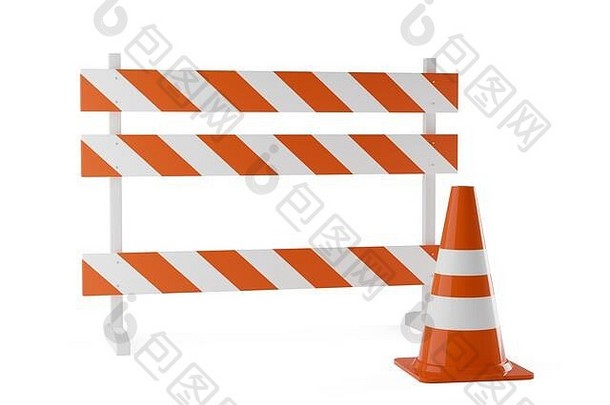 白色背景上带有街道护栏的单个橙色交通警示锥或塔架-正在施工、维护或注意概念，3D illustr