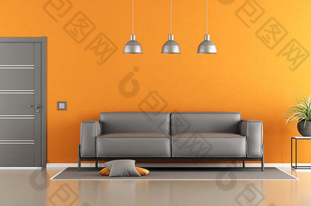 <strong>灰色</strong>的橙色生活房间现代沙发关闭通过呈现