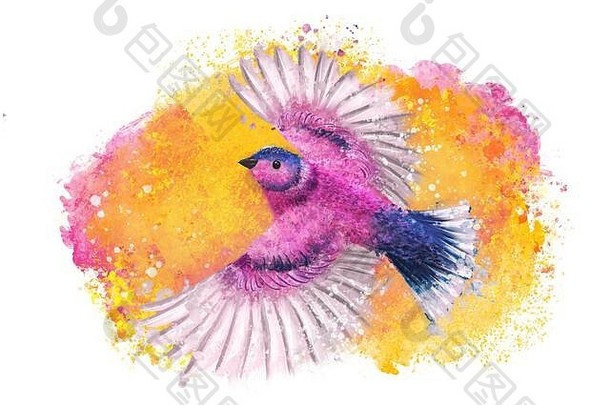 艺术是多彩的快乐之鸟。黄色背景上的粉红色飞鸟，用于印刷、明信片、设计和装饰。孤立的白人。拷贝空间