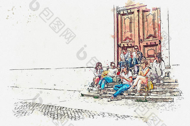 水彩素描或插图。一群十几岁的女孩、学生或女朋友坐在一起，在城市街道的楼梯上交流。