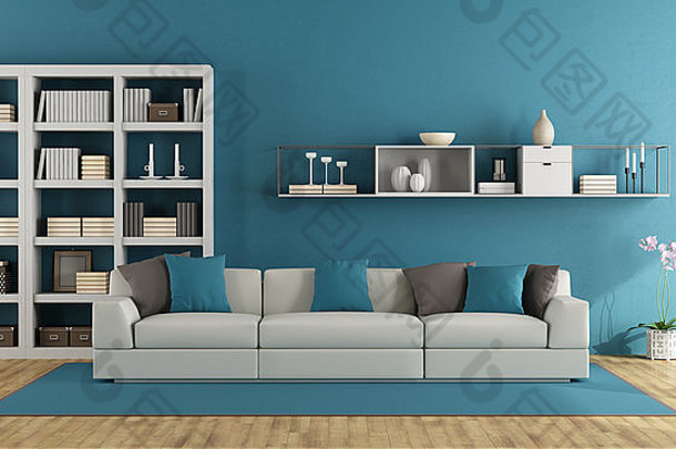 带白色沙发和书架的蓝色客厅-3D渲染